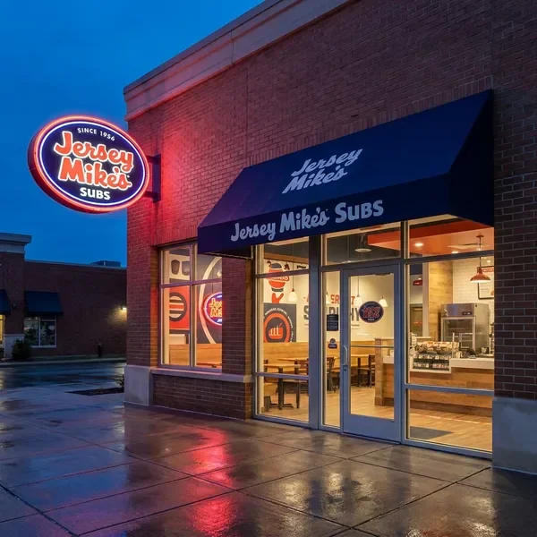 Jersey Mike's Subs storefront signage at evening